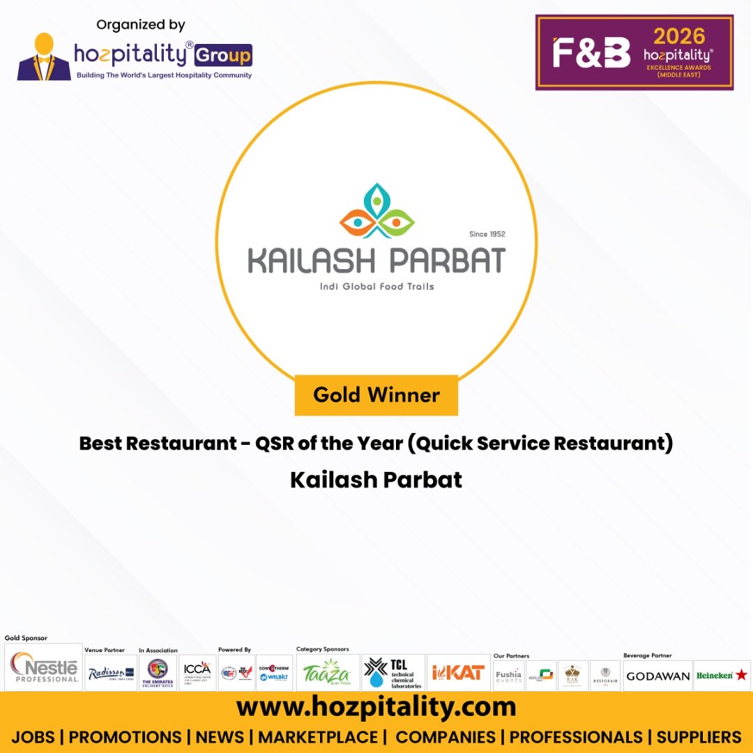 hozpitality's tweet photo. Kailash Parbat won Gold Best Restaurant - QSR of the Year (Quick Service Restaurant) in the Middle East F&B Excellence Awards 2026
https://t.co/TDBVIGuiDO
#FBExcellenceAwards2026 #HozpitalityGroup #KailashParbat #GoldWinner #QSROfTheYear #QuickServiceRestaurant https://t.co/quiVyx3DeS