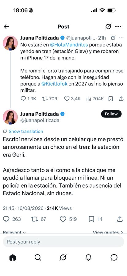 Mr_Bugman's tweet photo. O sea, le robaron el iPhone y lo primero que hizo fue loguearse a X desde un teléfono prestado, cosa innecesaria y contraria al sentido común, pero además  casi imposible porque existe el 2FA, o sea que debería tener su Google Authenticator o equivalente en ese teléfono prestado, o instalarlo y hacer el procedimiento de traspaso que implica usar un QR desde un tercer dispositivo, o hacerse mandar un SMS con el 2FA que le llegaría al teléfono robado, o un mail que debería bajar loguéandose desde el teléfono prestado. Es mentira, cualquiera que haya perdido un teléfono sabe que recuperar su cuenta de X es un incordio. Estupidez plus utra decir que "también es culpa del Estado Nacional" cuando la robaron en el conurbano bonaerense.