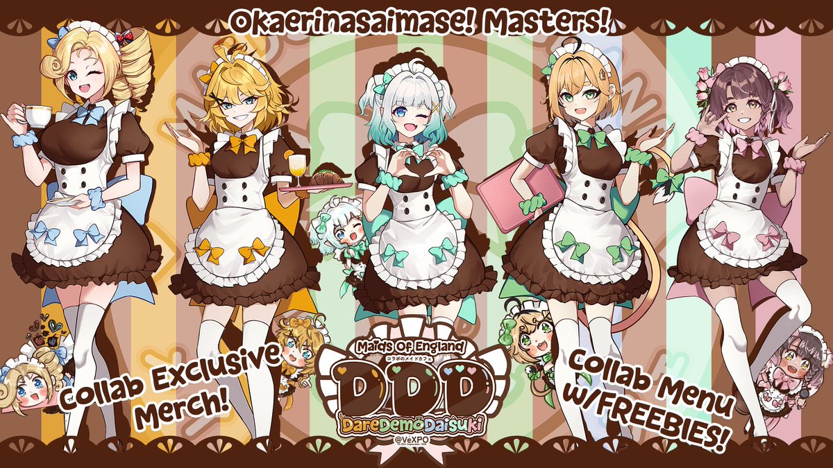 MaidsOfEngland's tweet photo. 【MOE x DDD @ VeXpo】
All our guest maids have been revealed!
Can't decide on just 1 oshi at Maids Of England's cafe exclusively at @Vtuber_Expo?  Don't worry you can love everyone! More information such as our collaboration exclusives revealed soon!
#MOExDDD https://t.co/eNUqPKEDPt