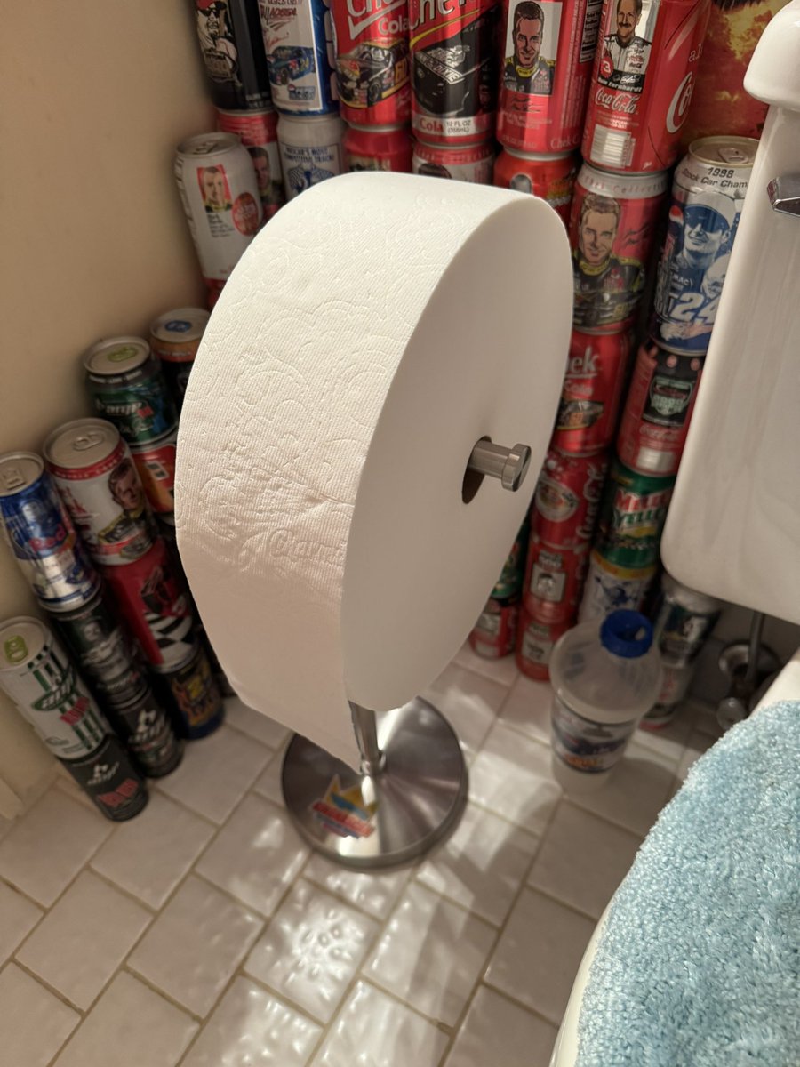 kingnascar's tweet photo. Check out the latest artifact in The Stock Car Museum. It’s a vintage wheel holder from Junior Johnson’s team 🛞 Now it holds #charmin toilet paper in TSCM executive bathroom🤣 This is a definite upgrade from the 1991 Donruss Baseball Cards I was using before as they were clogging my toilet😳💩🚽
#charminforeverroll #igottago