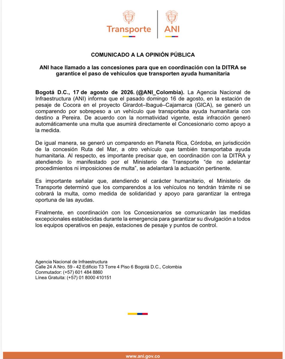 ANI_Colombia's tweet photo. 🗞️#ComunicadoANI | La #ANI, en coordinación con la DITRA y los concesionarios, garantizará el paso de los vehículos que transportan ayudas humanitarias. https://t.co/B2VUvuV5qL