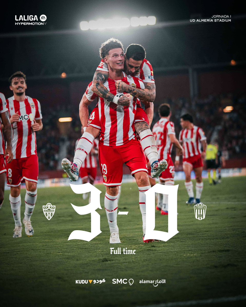 U_D_Almeria's tweet photo. ¡COMIENZA LA TEMPORADA CON VICTORIA EN CASA! ✅🔥

➡️ UD Almería 3-0 CD Eldense
⚽ Bonini
⚽ Dzodic
⚽ Melamed

#vamosalmería 🔴⚪  | ⚽ #AlmeríaEldense | #UDAradio 📻 https://t.co/GXSVJXYp0j