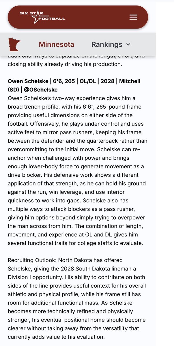 OSchelske's tweet photo. Thank you @sixstarfootball for the write up. Looking forward to starting the season. @Kernel_Football @patangashty @CoachSchrenk @andy_lucas98 @nick20lee 
@Coach_SchmidtE @TrevorOlson62 
@CoachDtjackson @CoachBangSDSU 
@CoachVitzthum @CoachBain75 
@CoachTimNDSU @CoachChewy80 https://t.co/kcbkJS8qCC