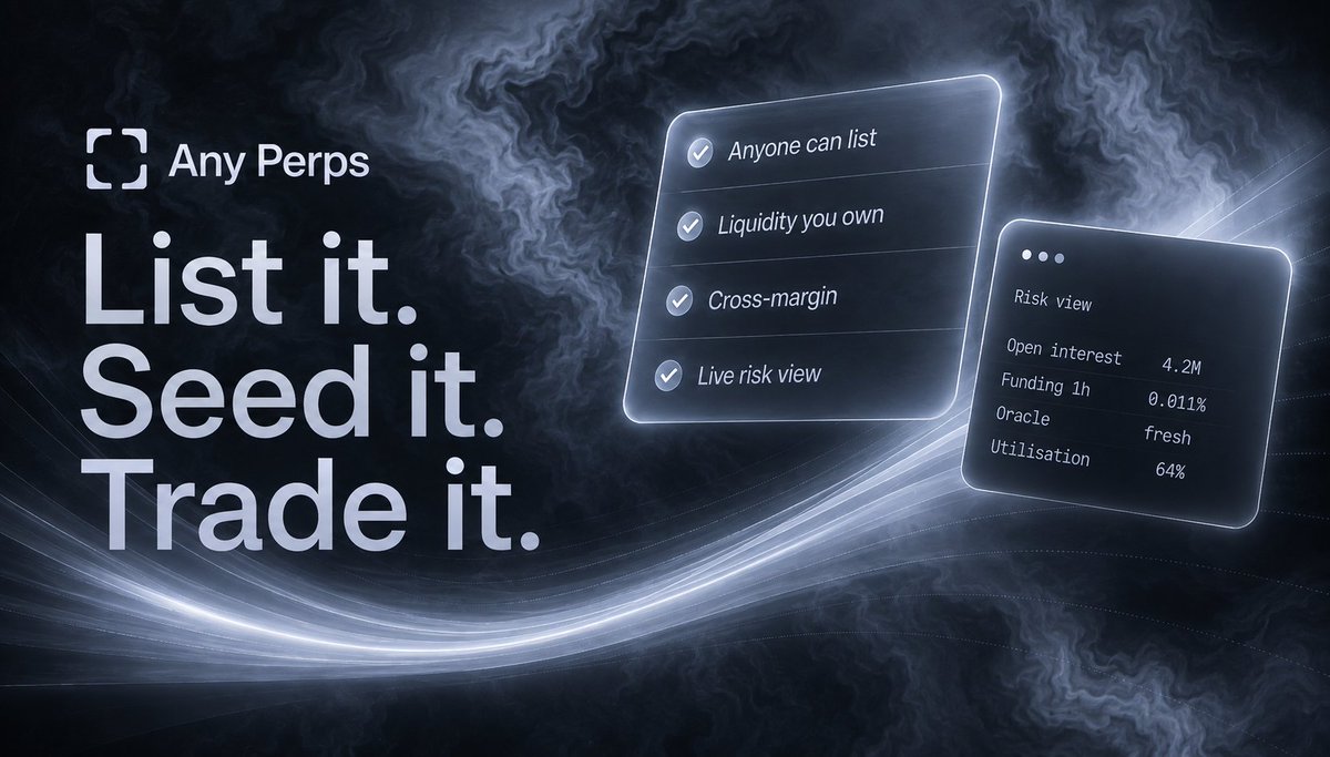 AnyPerps's tweet photo. From your idea to a tradable market.

List an asset.
Seed the liquidity.
Let traders long or short.
That’s Any Perps. https://t.co/fT0INHZ83z