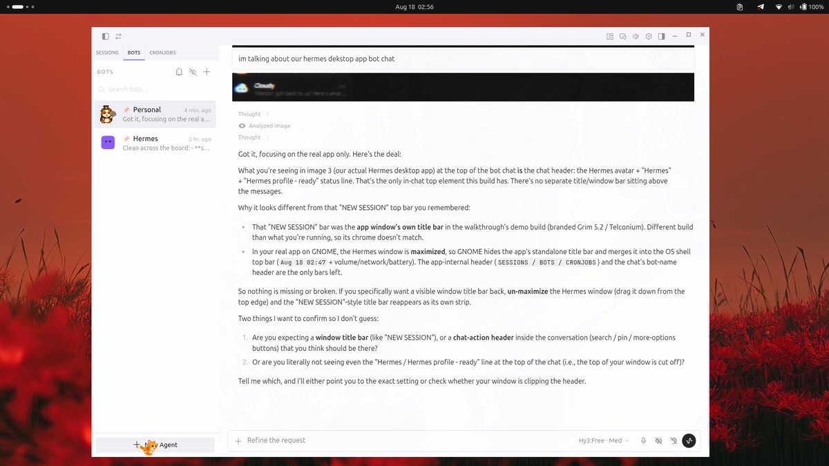 imohit159's tweet photo. @NousResearch why im not seeing the topbar of the bot session
btw im using app image of hermes desktop app https://t.co/g9OnjFjkLe
