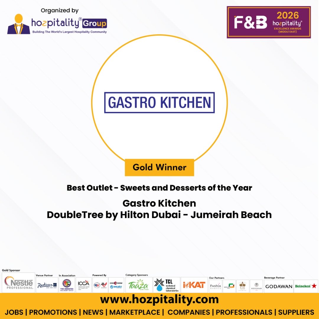 hozpitality's tweet photo. Gastro Kitchen from DoubleTree by Hilton Dubai - Jumeirah Beach won Gold Best Outlet - Sweets and Desserts of the Year in the Middle East F&B Excellence Awards 2026
https://t.co/qqJZHRZio6
#FBExcellenceAwards2026 #HozpitalityGroup #DoubleTreeJumeirah #GastroKitchen #GoldWinner https://t.co/iyToSkEhGQ