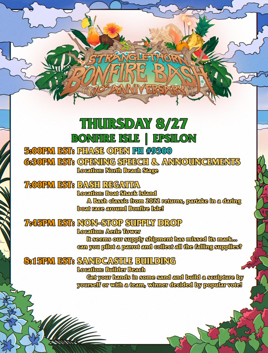 STVBonfireBash's tweet photo. 📅📜The official schedules for the Stranglethorn Bonfire Bash! As a reminder, the dates are:
1⃣Thursday 8/27
2⃣Friday 8/28
3⃣Saturday 8/29
4⃣Sunday 8/30
All times are 🕒🗺️EASTERN STANDARD TIME.
#warcraft #worldofwarcraft #warcraftrp #STVBB #STVBB26 https://t.co/F4HqCHugFN