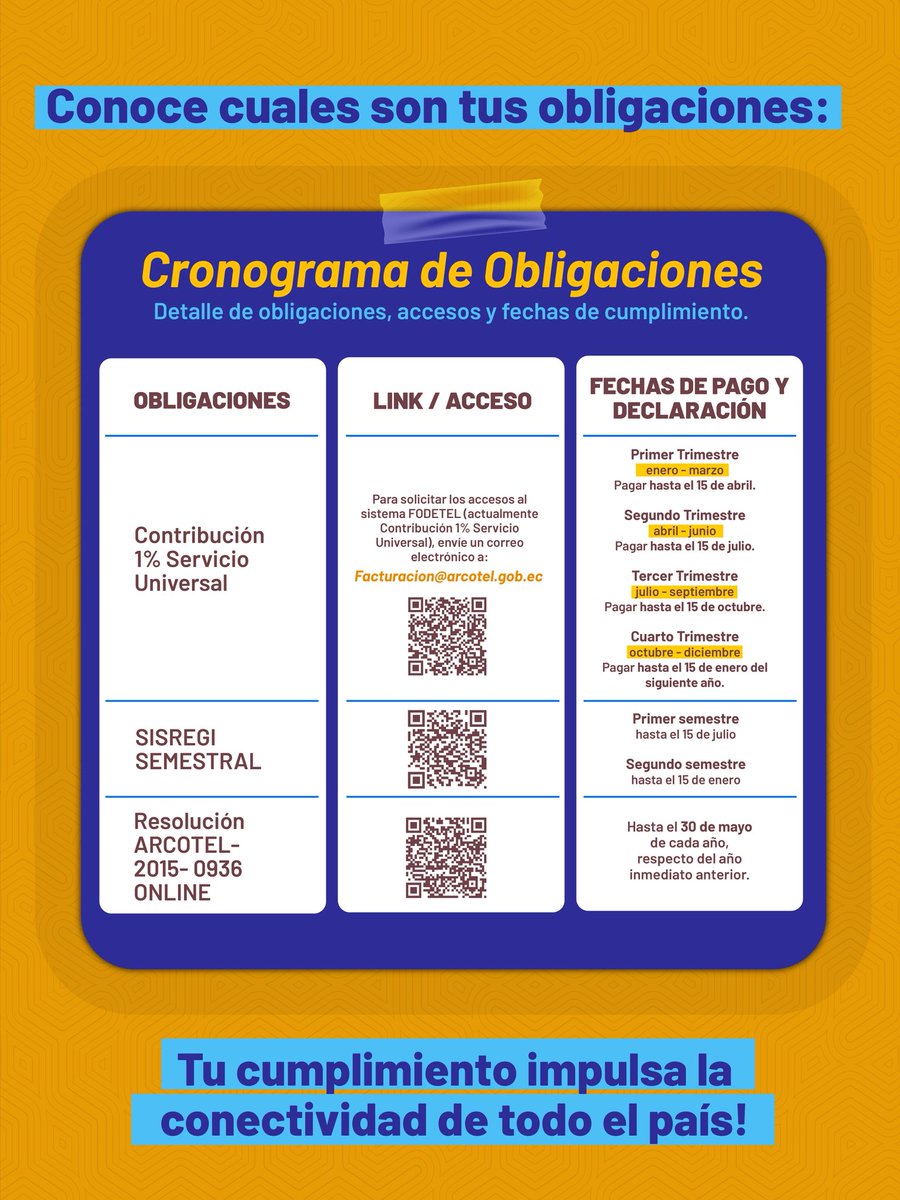 Arcotel_ec's tweet photo. 📅 ¡Ponte al día con tus obligaciones ante la ARCOTEL!

Si eres usuario de servicios de telecomunicaciones o radiodifusión, conoce las fechas y periodicidad de tus obligaciones financieras: mensuales, trimestrales y semestrales.

#GobiernodelEcuador https://t.co/vBedoyXJ4a