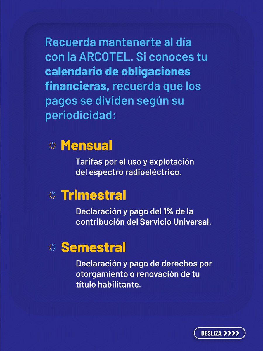 Arcotel_ec's tweet photo. 📅 ¡Ponte al día con tus obligaciones ante la ARCOTEL!

Si eres usuario de servicios de telecomunicaciones o radiodifusión, conoce las fechas y periodicidad de tus obligaciones financieras: mensuales, trimestrales y semestrales.

#GobiernodelEcuador https://t.co/vBedoyXJ4a