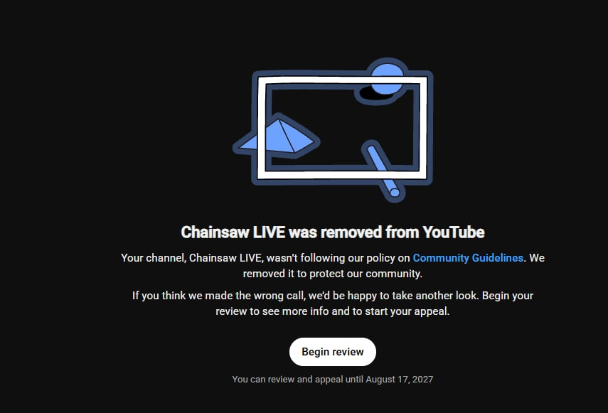 chainsawlive's tweet photo. @TeamYouTube Hello - my YouTube channel was wrongfully removed. All we've posted is live concert footage, can someone please reach out to fix this? https://t.co/W8E93jB2BV