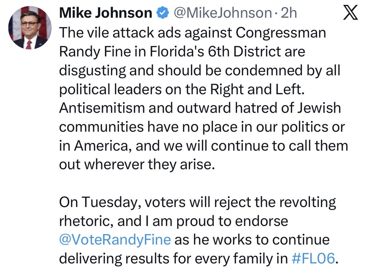 AntiZioAmPAC's tweet photo. The ads aren't vile. What they describe--Randy Fine--is vile. 

We assume @MikeJohnson includes our 30-second ad, running through tomorrow. https://t.co/sHwqPsW6V2