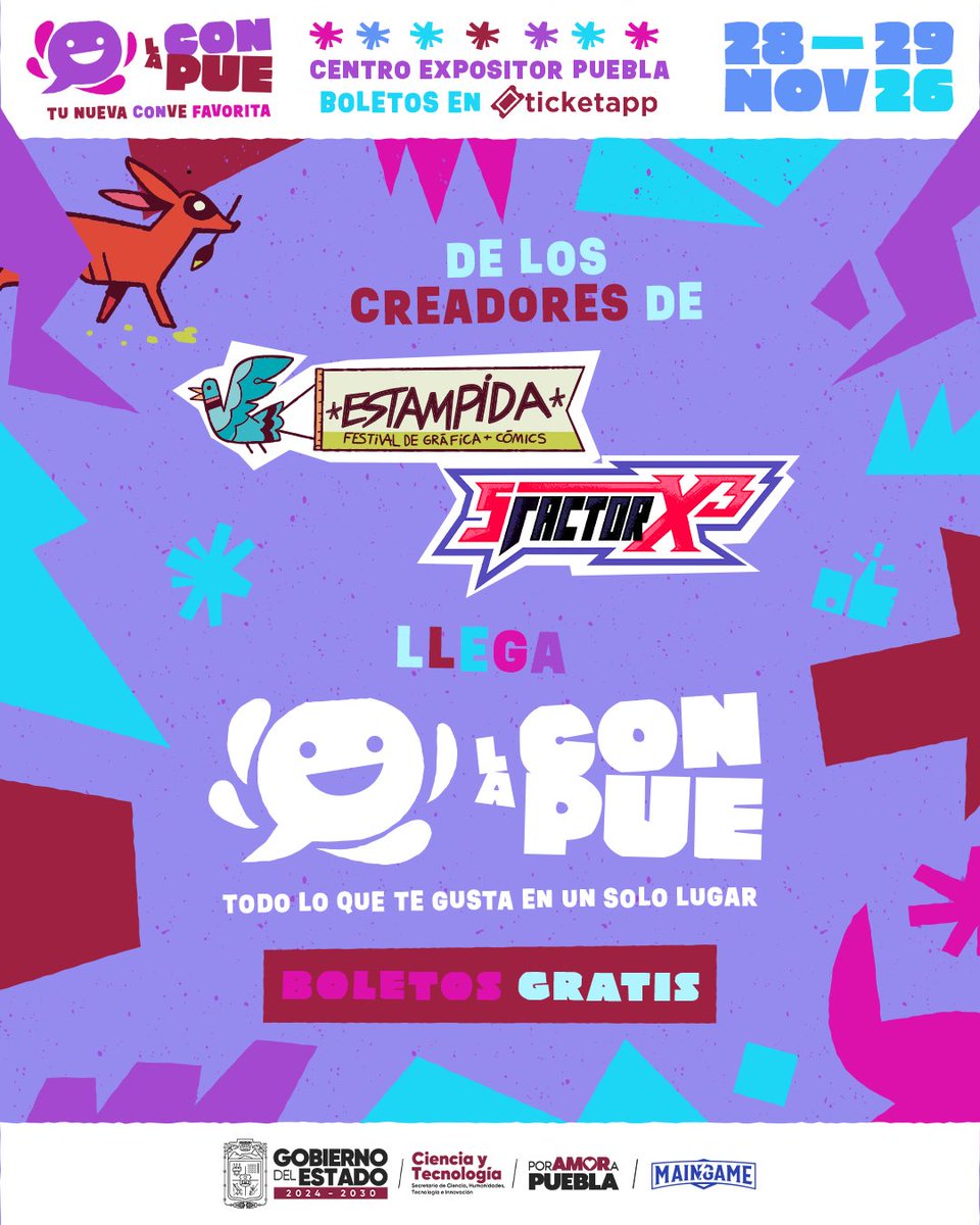 LaConPue's tweet photo. Gracias por ayudarnos a hacer "S Factor" y "Estampida" de los festivales más queridos del país,los invitamos a acompañarnos en estas nueva aventura: La ConPue, la nueva "conve" festival de entretenimiento internacional de México. ¡Sumate a lo épico! https://t.co/rTGKRO43oi
