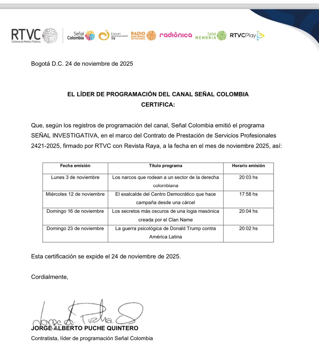 Danielbricen's tweet photo. La Revista RAYA recibió de Hollman Morris más de 2.600 millones de pesos para hacer “investigaciones”.

Aquí les dejo el listado de “investigaciones” que durante año y medio soltaron en RTVC. 

Nada contra el gobierno Petro

Acabar con la máquina de propaganda es una gran noticia https://t.co/sxyCFKTW4K