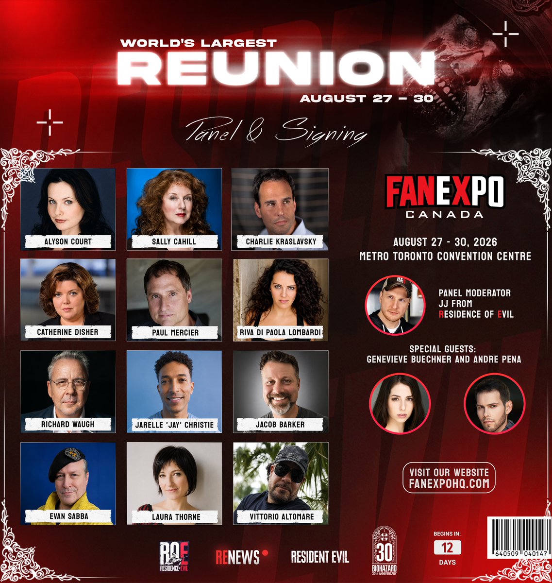 ROEnetwork's tweet photo. 🚨 RESIDENT EVIL 30TH ANNIVERSARY REUNION! 🇨🇦

ROE is heading to FAN EXPO Canada in Toronto for a huge celebration of 30 YEARS of Resident Evil! 🧟‍♂️ 

🎙️ JJ from ROE will moderate the Resident Evil Reunion Panel, with Cory joining us throughout the weekend.

⭐ GUESTS:
▪️ Alyson Court — Claire Redfield
▪️ Sally Cahill — Ada Wong
▪️ Charlie Kraslavsky — Chris Redfield
▪️ Catherine Disher — Jill Valentine
▪️ Paul Mercier — Leon S. Kennedy
▪️ Riva Di Paola Lombardi — Rebecca Chambers
▪️ Richard Waugh — Albert Wesker
▪️ Jarelle “Jay” Christie — Jim Chapman
▪️ Jacob Barker — Kevin Ryman
▪️ Evan Sabba — Brad Vickers
▪️ Laura Thorne — Yoko Suzuki
▪️ Vittorio Altomare — Mark Wilkins

PLUS RE4R Remake guests Genevieve Buechner — Ashley Graham and Andre Pena — Luis Serra!

📍 TREPIDATION COMICS BOOTH
Metro Toronto Convention Centre
North Building — Level 300

📅 August 28–30

The panel is expected to be PACKED, so the booth will be your best chance to meet everyone, one-on-one. (Booth number coming soon.)

WHO ARE WE SEEING IN TORONTO?! 🔥

🖼️ Photo by: @RENews_X
