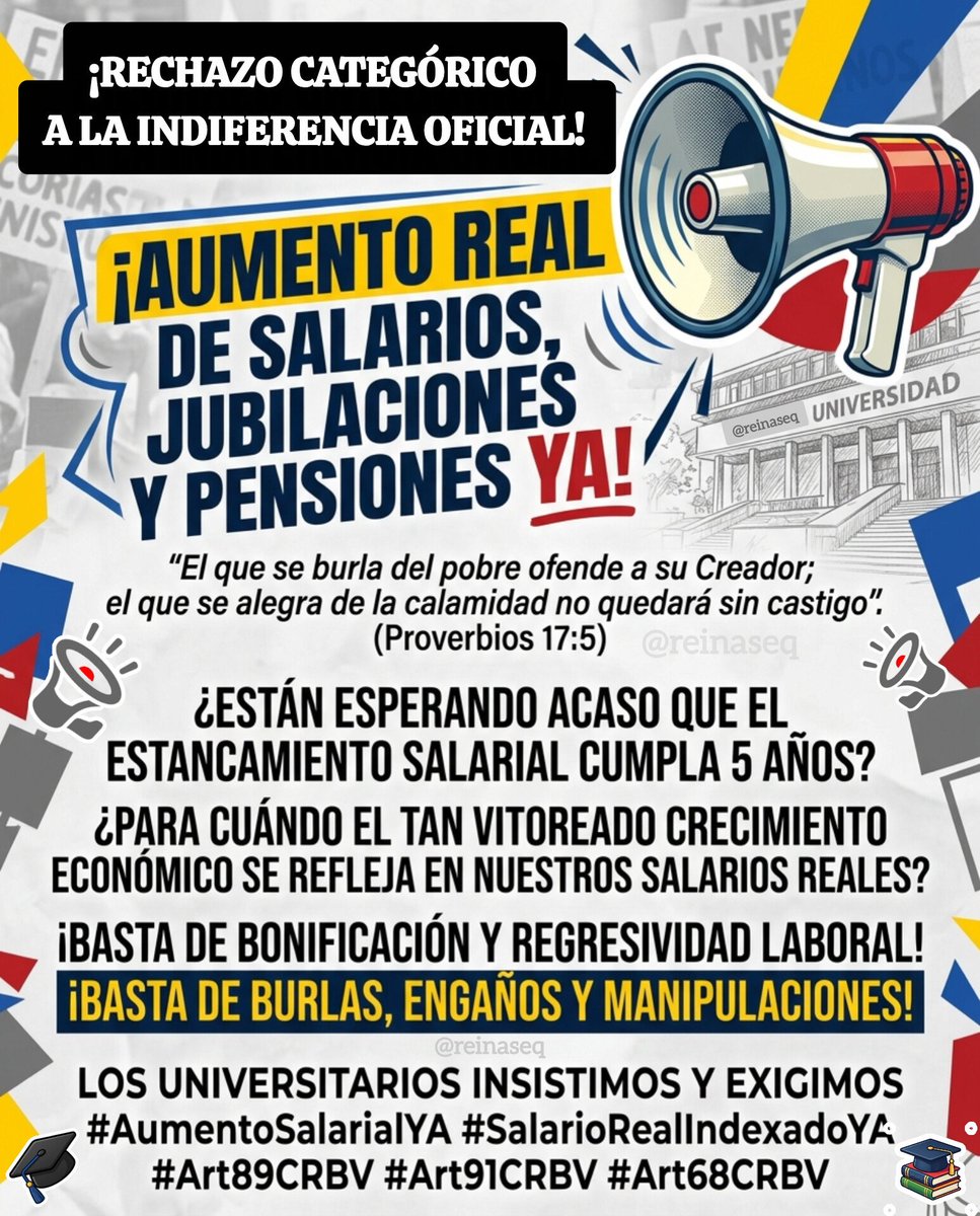 reinaseq's tweet photo. 🚨 NO + DEMORA || ¿ACASO ESTÁN ESPERANDO Q EL ESTANCAMIENTO SALARIAL CUMPLA 5 AÑOS? ¿PARA CUÁNDO EL TAN VITOREADO CRECIMIENTO ECONÓMICO SE REFLEJA EN NUESTROS SALARIOS REALES?

📢 LOS UNIVERSITARIOS EXIGIMOS AUMENTO SALARIAL REAL SEGÚN #Art89y91CRBV #AumentoSalarialYA #Art68CRBV https://t.co/ol3hvMNcNC