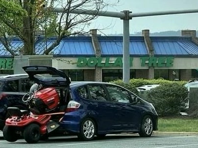 munizeduaroc's tweet photo. Trying to transport a riding mower in a Honda Fit outside Dollar Tree. The commitment is impressive.
#LOL #ACEOMonTop https://t.co/P0hpcJBFMH