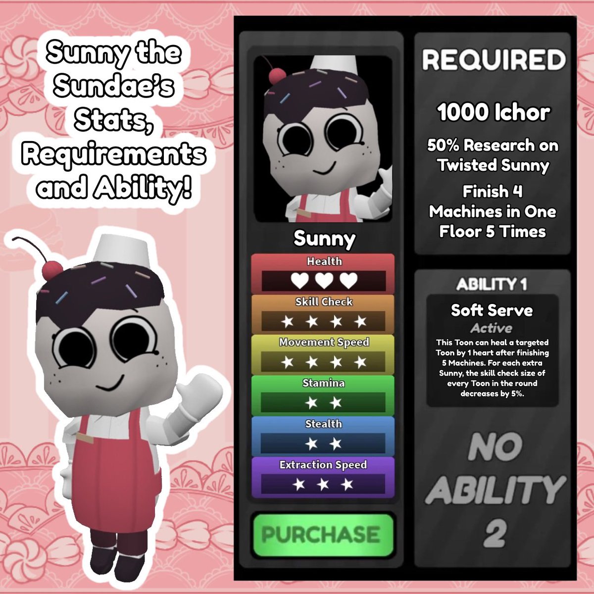 squishyspongeee's tweet photo. [let's try again, shall we?]

do you wanna play as sunny? 🥹🥹

here are sunny's stats, requirements and ability! she's not a main or a lethal. their twisted is a rare. i don't even know what her trinket would do, but i do know it'd be her scooper.

stay tooned? #dandysworldoc https://t.co/bWUTjtHHlp