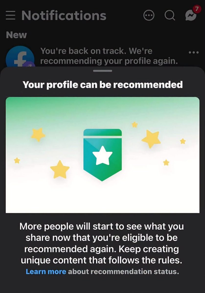 Facebook notification confirming recommendation reinstatement after a violation was cleared