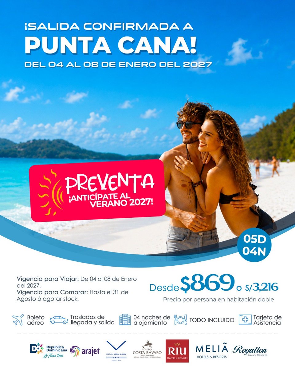 _TravelPartners's tweet photo. #PREVENTA ANTICÍPATE AL VERANO 2027 🥲 ¡Vacaciones de Verano en Punta Cana 5D4N! ✨😉❤️ https://t.co/CIBT6RVgAG