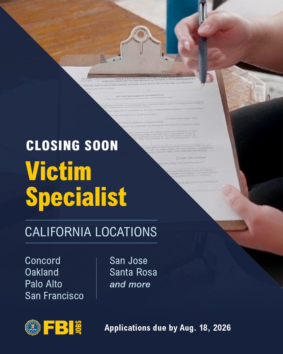 FBIJobs's tweet photo. Applications are closing soon for #FBI victim specialists. Put your experience in social work, psychology, or crisis response to work by helping victims access resources. Be a part of creating a safer, more secure future. Apply today. #FBIJobs https://t.co/sfqUiU4U2c https://t.co/6uP9Mldp32