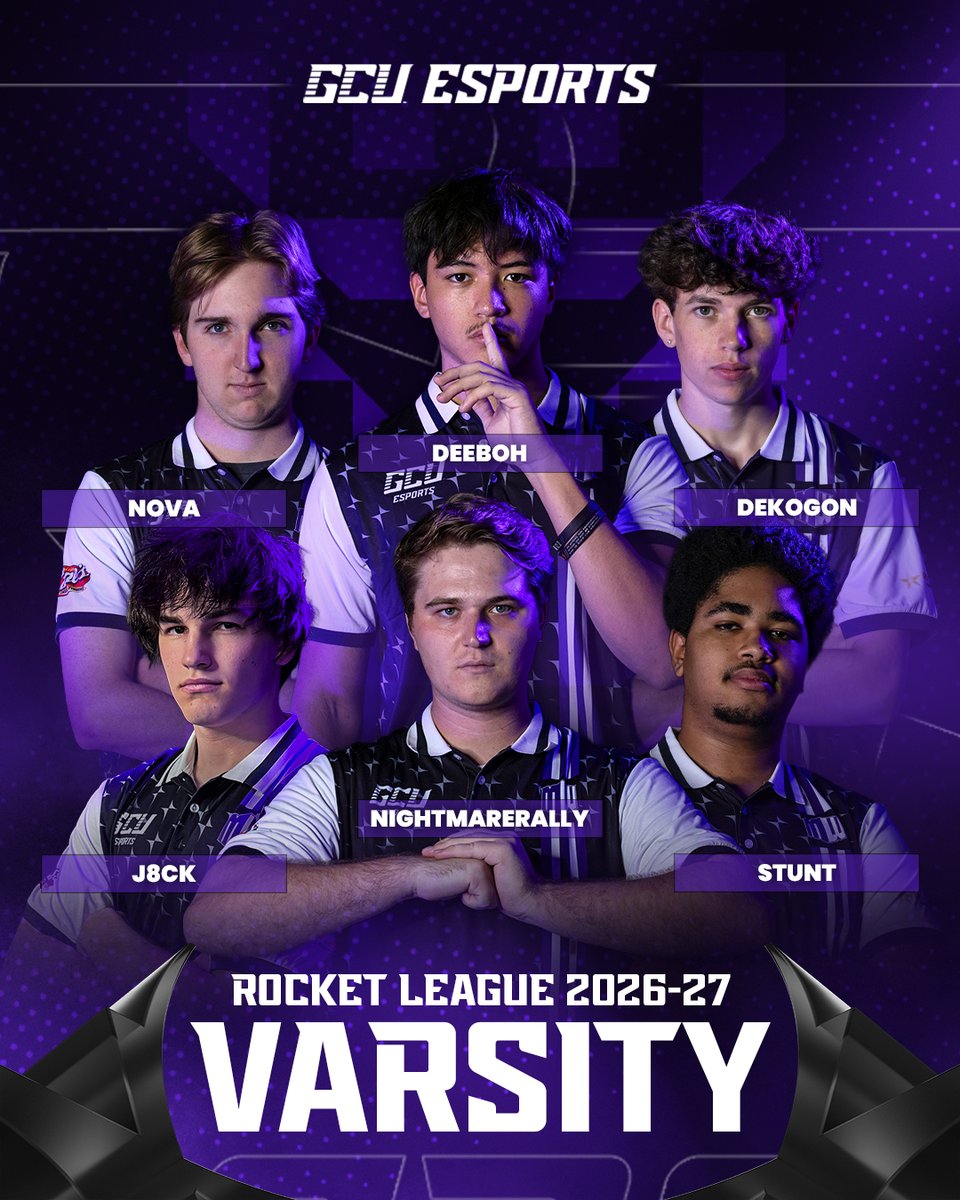 Esports_GCU's tweet photo. Introducing our 2026-27 Rocket League roster:

@DeebohRL
@Dekogonn
Nova
@Its_Stunt
@NightmareRally
J8ck

#GCUEsports #LopesUp https://t.co/3QIPesLUp6