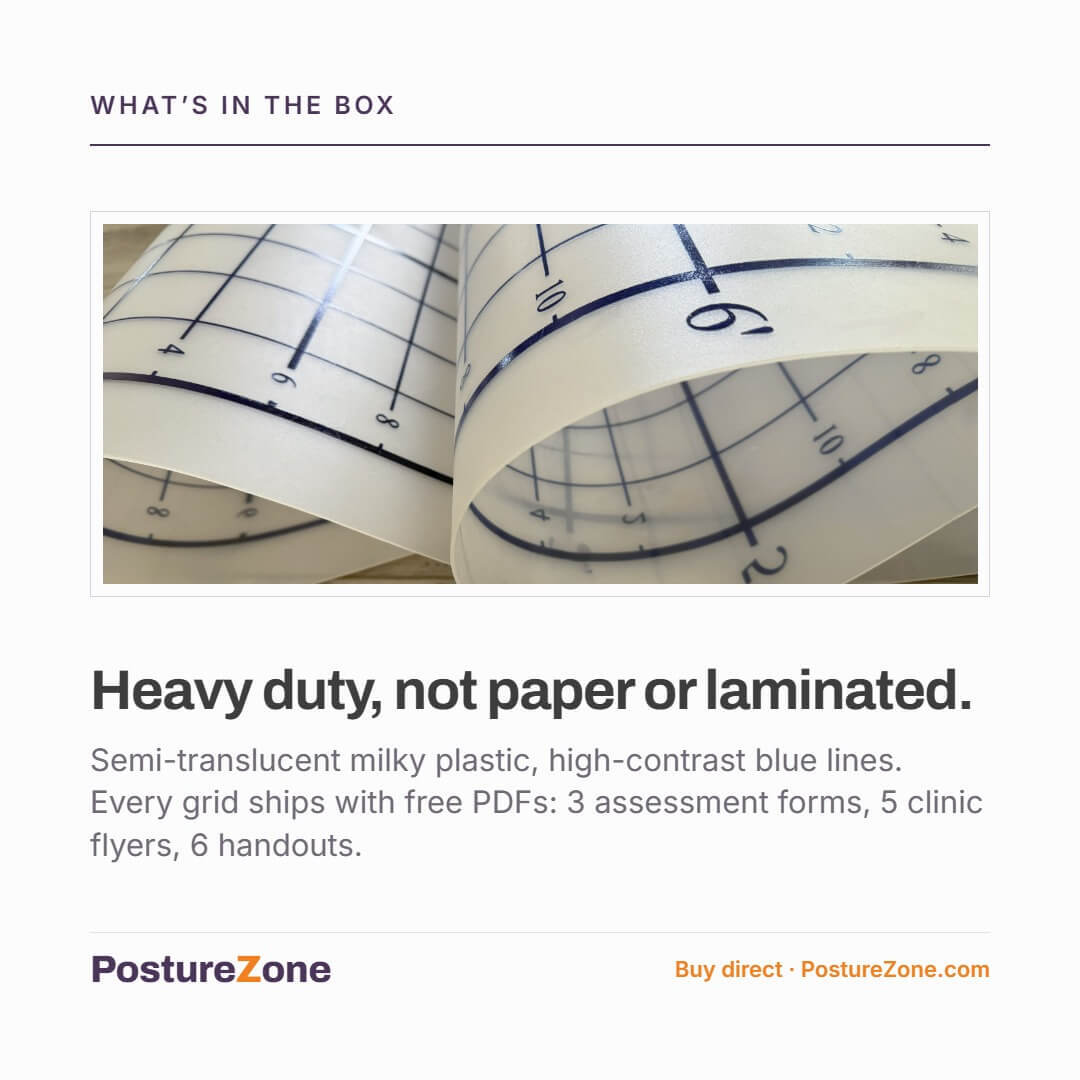 PostureZone's tweet photo. Heavy duty, not paper or laminated.

Semi-translucent milky plastic with high-contrast blue lines. Every grid ships with free PDFs: 3 assessment forms, 5 clinic flyers, and 6 educational handouts.

https://t.co/Fkd8JvN1Yq https://t.co/xEkXVK7LVj
