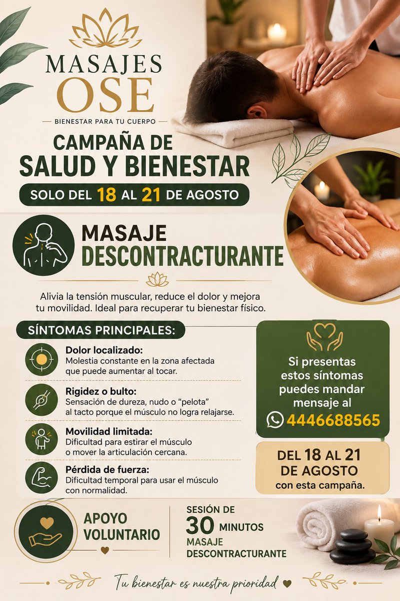 MasajesOsec3's tweet photo. El #masaje #descontracturante es una técnica de #terapia manual profunda e intensa que busca liberar la #tensión acumulada y eliminar las contracturas.
Solo disponible del 18 al 21 de agosto esta campaña. Citas e información 
https://t.co/PD4aKebdrR
4446688565 #queretaro https://t.co/gg4SWe4im8