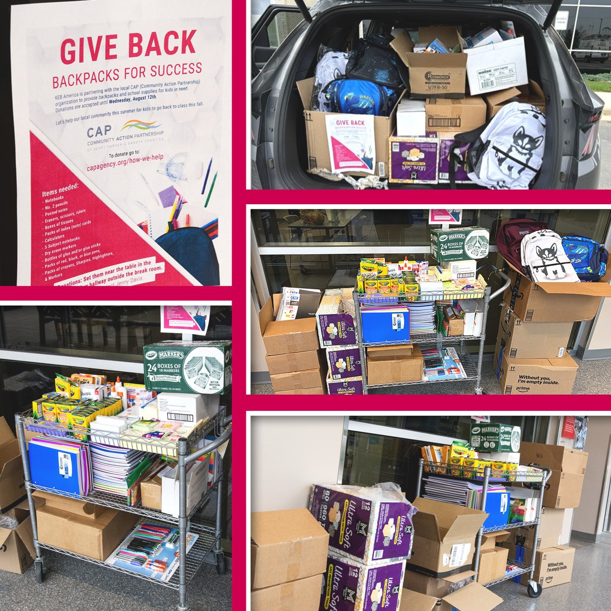 KebAmerica's tweet photo. We’re excited to carry on our end-of-summer tradition of collecting donations for the CAP Agency’s Backpacks for Success program. Thank you to our team for coming together to donate these supplies!

@SCDCAP #KEB_America #backtoschool #donations #communityoutreach #CAPagency https://t.co/IYrcUOXv11
