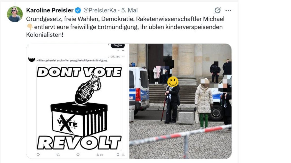 Mausebaer17's tweet photo. Karoline Preisler, Kandidatin der #FDP bei der Wahl zum Berliner Abgeordnetenhaus 2026, doxxt und beleidigt natürlich auch Männer. Wer einen #Völkermord verteidigt, hat jede Menschlichkeit verloren. #NoFdP #AFDP https://t.co/rzGN48QkI7