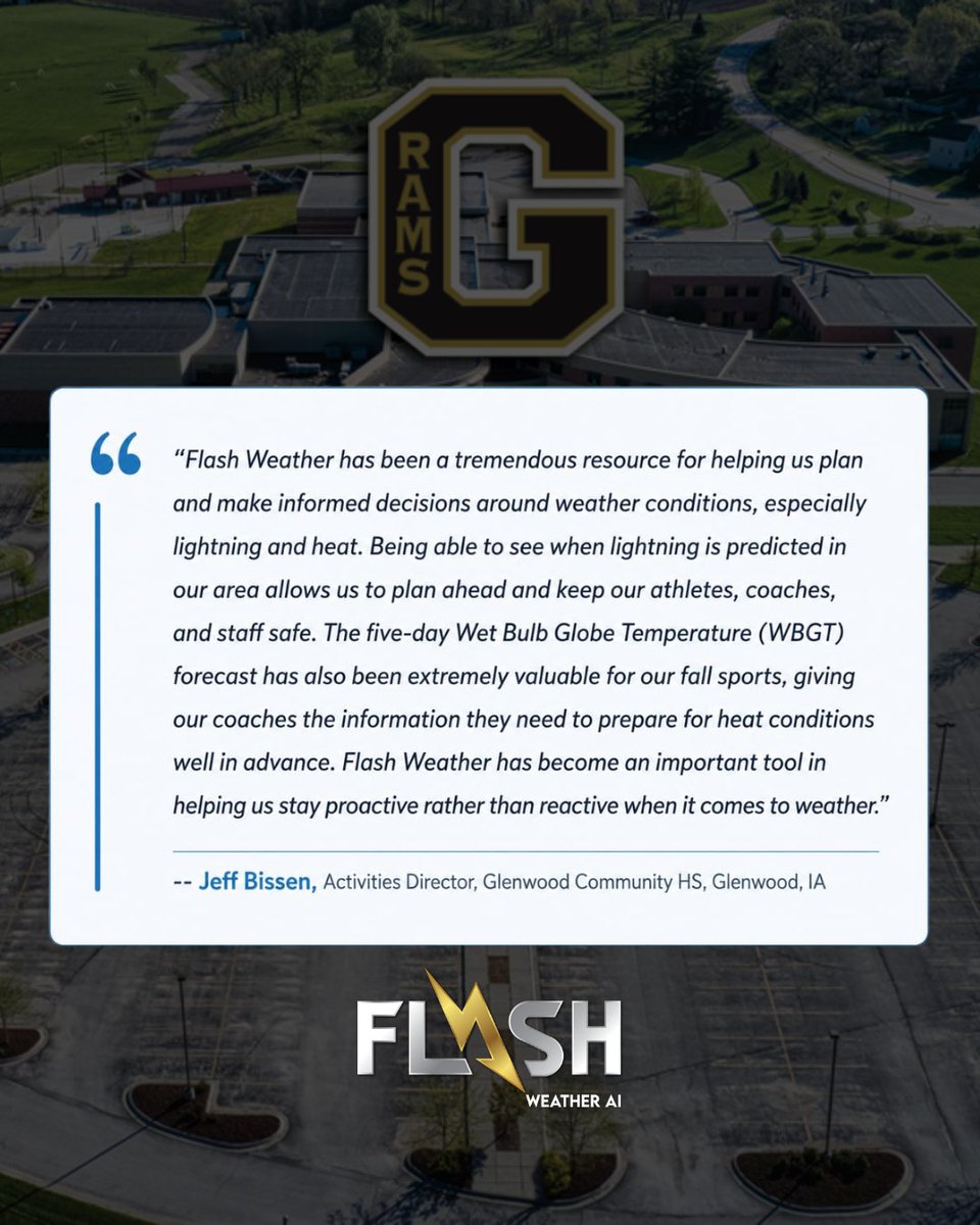 FLASHWeather_'s tweet photo. It's back to school season, and the heat isn't going anywhere.
Glenwood Community High School in Glenwood, Iowa is using Flash to stay ahead of both lightning and heat. His coaches get a 7-day Wet Bulb Globe Temperature forecast plus patented lightning prediction, not just detection. That means practices and games change early, not after it's too late.