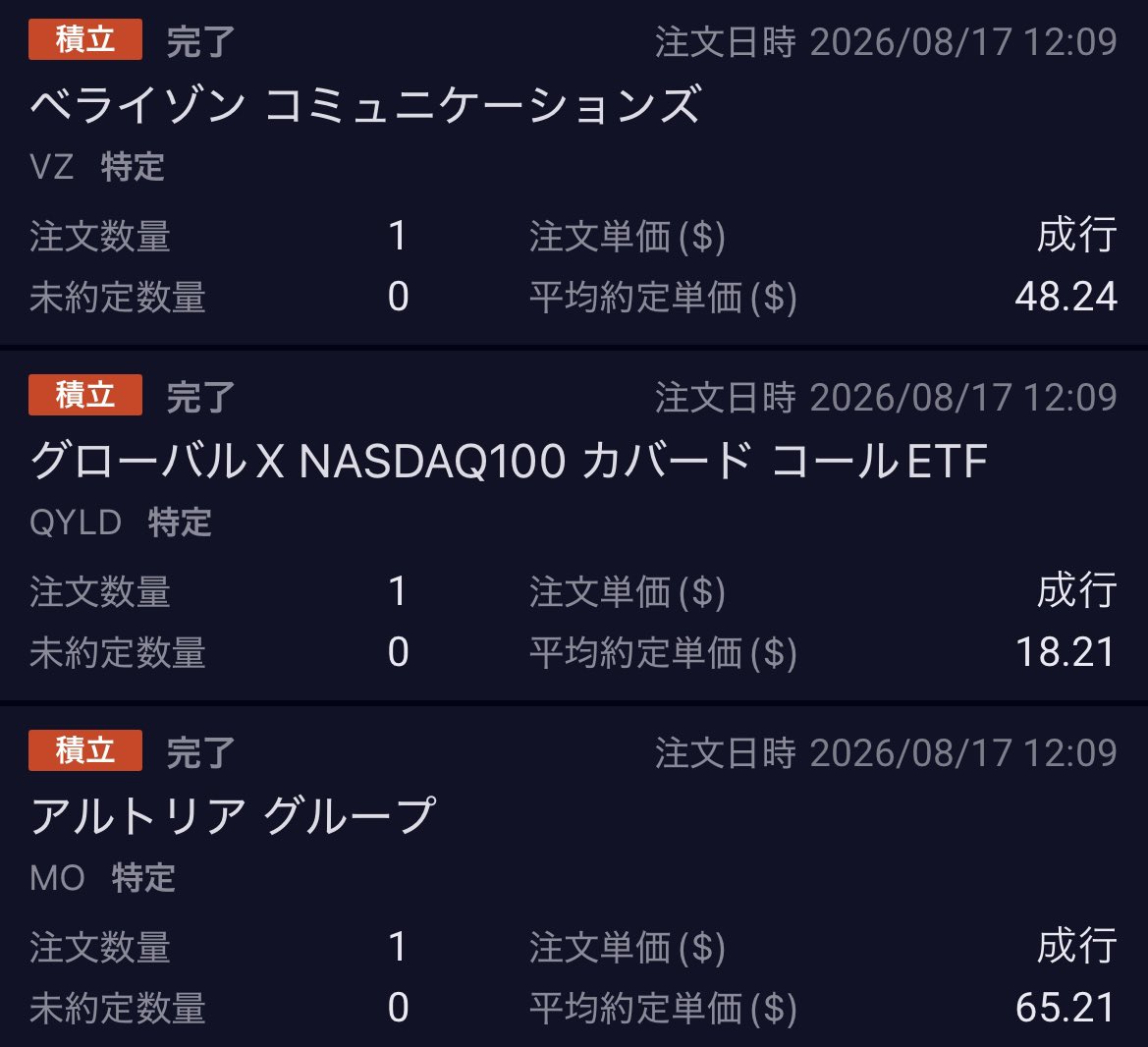 Masaka0101's tweet photo. 8/17(月) の米国株･ETF🇺🇸

🟡VZ          1株
🟡QYLD     1株
🟡MO         1株
🟡KO          1株
🟡JEPI        1株
🟡HDV        1株

#個別株 #米国株 #s株
#投資家さんと繋がりたい 
#株クラの輪を拡げよう https://t.co/8QKRP3Fcbh
