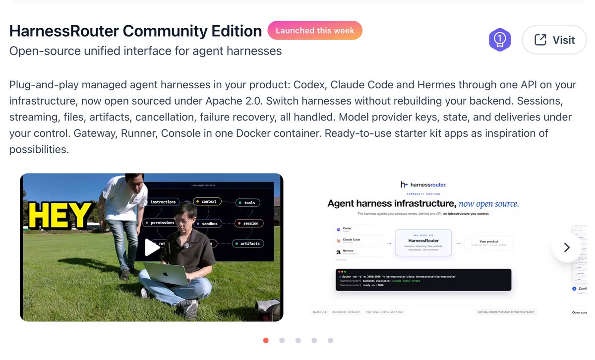 HARNESSROUTER's tweet photo. HarnessRouter won #1 Product of the Day on @ProductHunt for Aug 16. 🏆

WORLD'S FIRST open-source unified interface for agent harnesses.

Plug-and-play managed agent harnesses in your product: Codex, Claude Code and Hermes through one API on your infrastructure, under Apache 2.0.

Huge thanks to @garrytan for hunting us again.

#ProductHunt #HarnessRouter #YCombinator