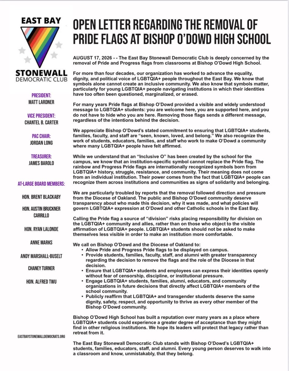 amarshallbuselt's tweet photo. As a board member of @EBStonewallDems, I’m proud to stand in solidarity with Bishop O’Dowd’s LGBTQIA+ students, families, educators, staff, &amp; alumni.

See our statement in response to the removal of Pride flags.

#BishopODowd #LGBTQIA #LGBTQStudents #PrideFlags #Oakland #EastBay https://t.co/FZn38FIB68