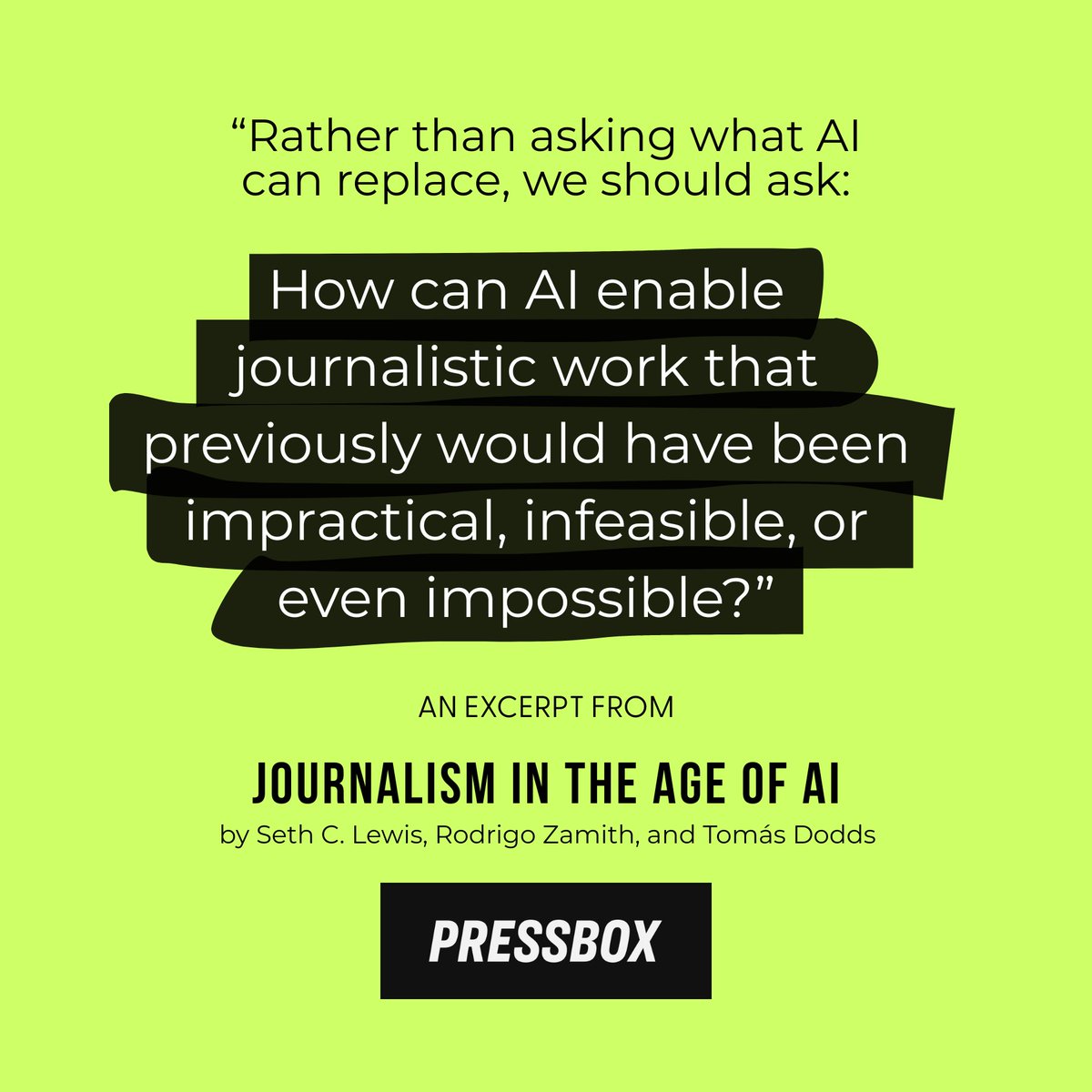 pressboxhq's tweet photo. ‘What can AI make possible' beats 'what can AI replace' every time. Journalism In The Age of AI by @SethCLewis, Rodrigo Zamith and Tomás Dodds asks the very question we answer at PressBox: not what AI replaces, but what it makes possible for newsrooms. 🗞️ Get the free eBook: https://t.co/FLeO2ZBGm9 #AIjournalism #Newsroom