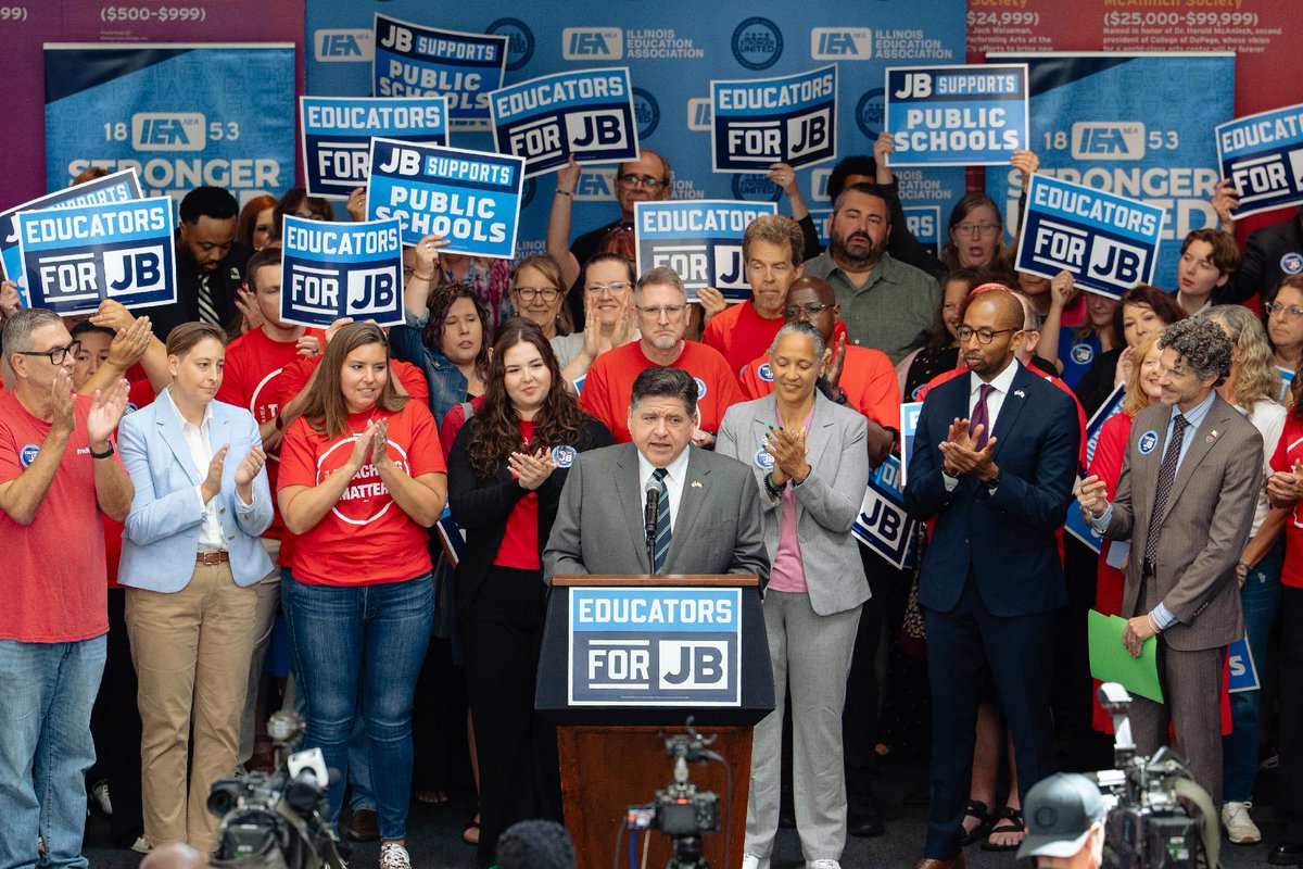 JBPritzker's tweet photo. Let’s pay teachers what they're worth.

Let’s fund our schools properly.

Let’s secure our future.

And let’s fight like hell for our kids.I’m honored to accept the endorsement of our state's largest union, the @ieanea. https://t.co/rFogvnuMzh