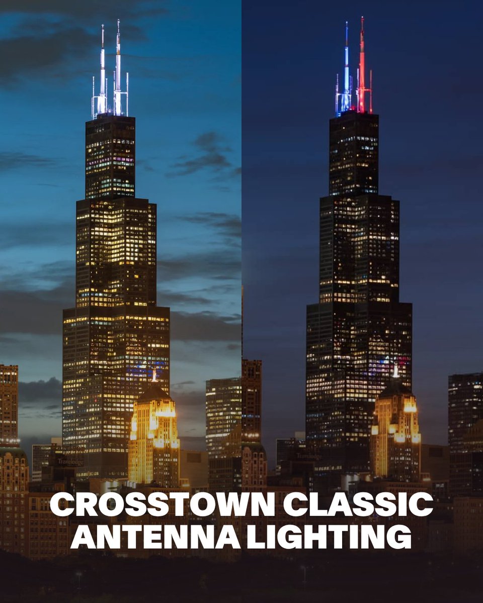 SkydeckChicago's tweet photo. Sox or Cubbies? ⚾️

Tonight, the anticipated Crosstown Classic kicks off in Wrigleyville! Through Wednesday, make sure to look up to watch the #SkydeckChicago twin antenna rotate between red &amp; blue ❤️💙 and white &amp; black 🖤🤍.

Who are you cheering for this week? https://t.co/LS4RjkqVLx