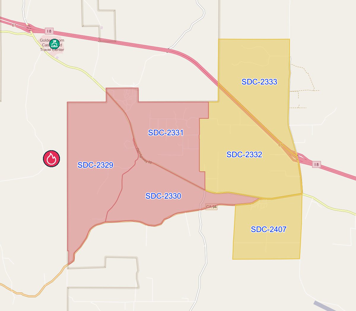SDSheriff's tweet photo. #Church2Fire If you live in Campo, be aware of increased law enforcement and firefighting activity. A brush fire is burning near the 36800 Block of Church Road.
An EVACUATION ORDER is in place for the shaded areas in red shown in the map below. It means everyone in the impacted areas must leave immediately.
An EVACUATION WARNING is in place for the shaded areas in yellow shown in the map below. Be prepared to evacuate should conditions change.
You can also view the map here: https://t.co/n5sqeYqir0.
If you feel you are in danger, GO!
A Temporary Evacuation Point is open at:
▪️Golden Acorn Casino
1800 Golden Acorn Way, Campo
Follow @SDSheriff for the latest updates. Thank you for your cooperation and understanding.
@CALFIRESANDIEGO @AlertSanDiegoCo @SanDiegoCounty @SoCal_RedCross @SDCaltrans
@CHP_SD_Traffic @CHP_El_Cajon