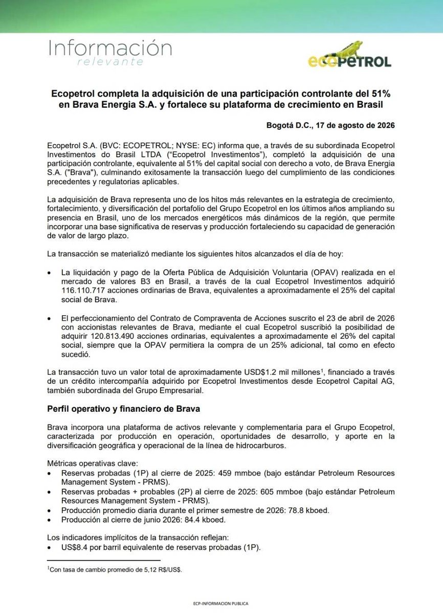 ECOPETROL_SA's tweet photo. #InformaciónRelevante | Ecopetrol completa la adquisición de una participación controlante del 51% en Brava Energia S.A. y fortalece su plataforma de crecimiento en Brasil. https://t.co/wo0VWdr6Pd