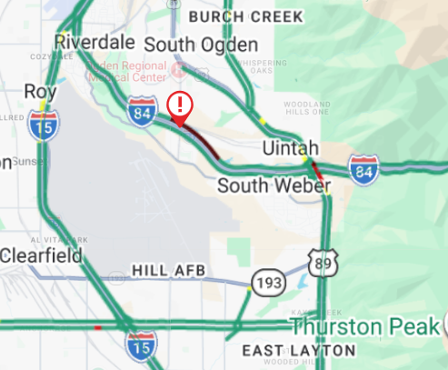 UDOTTRAFFIC's tweet photo. Update: WB I-84 is closed at MP 85. Drivers should use NB US-89 through Uintah or NB I-15 through Roy/Riverdale as alternates. Unknown estimate for clearance. https://t.co/B9pEY3TpxE