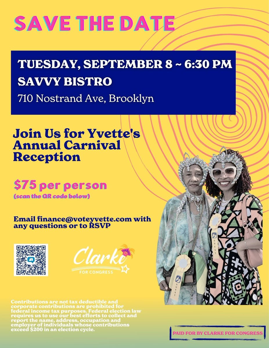 VoteYvette's tweet photo. Save the date: Join me for my Annual Carnival Reception on September 8 at Savvy Bistro in Brooklyn.

Come celebrate with us and help power our people-powered campaign. I hope to see you there!

🎟️ Get your ticket: https://t.co/MLDTiClGyn https://t.co/Olfybt6GY5