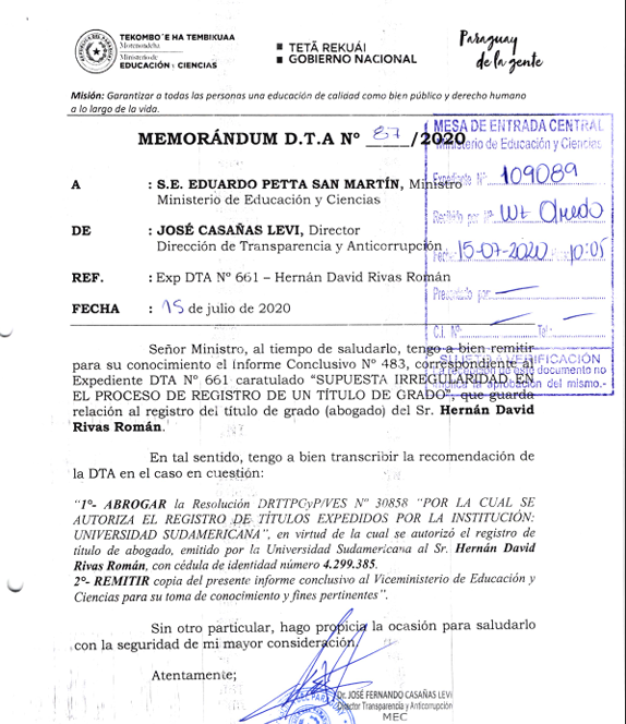 sebaalvareza's tweet photo. LECTURA OBLIGATORIA

Memorandum del Director de Transparencia y Anticorrupción del MEC, José Fernando Casañas Levi, del 15/7/20, al Ministro de Eduación Eduardo Petta, solicitando "ABROGAR" la resolución que autorizó el registro del título de Hernán Rivas.
https://t.co/rTnkbRJZh8 https://t.co/3OV7g7Tu5Y