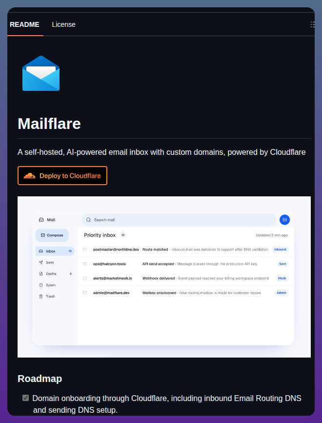 tom_doerr's tweet photo. Deploy a self-hosted, AI-powered email inbox with custom domains using Mailflare, removing the complexity of backend mail server management by automatically handling Cloudflare Email Routing.

https://t.co/RnFfpHPl6F https://t.co/Q8ZcAdc8bW