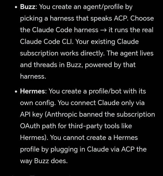 thisishars's tweet photo. I absolutely cannot wait for @NousResearch to implement creating/setting up profiles/bots via ACP the way Buzz does instead of only Auth/API.

Imagine having Claude in the loop via existing sub while jumping back to OG codex threads in its own harness. The perfect ecosystem.

PLEASE MAKE IT HAPPEN @Teknium 🙏

DAY #1 of requesting this. gonan keep reposting till its implemented

ik i already mentioned this before but pretty pleaseeeeeeeeeeeee