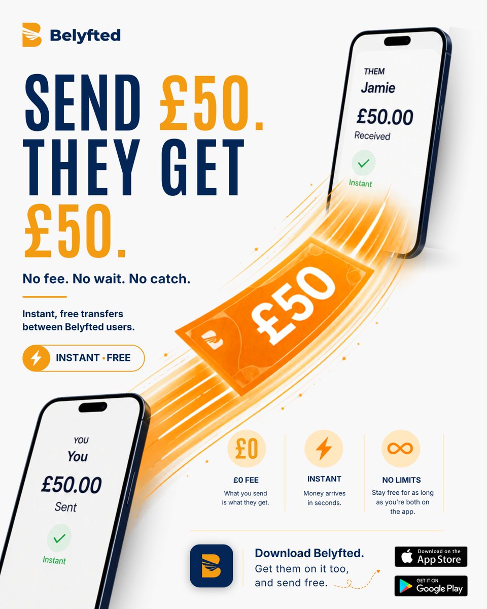 belyfted's tweet photo. “Free transfer” with an asterisk? Not here.
Once you and the person you’re sending to are both on Belyfted, transfers between you stay FREE.
No hidden catch. No expiry. Just FREE.
DOWNLOAD BELYFTED
#Belyfted #MoneyTransfer #Fintech #Nigeria #Ghana #uk #Thialand #Bangladesh https://t.co/ALur3TgTOS