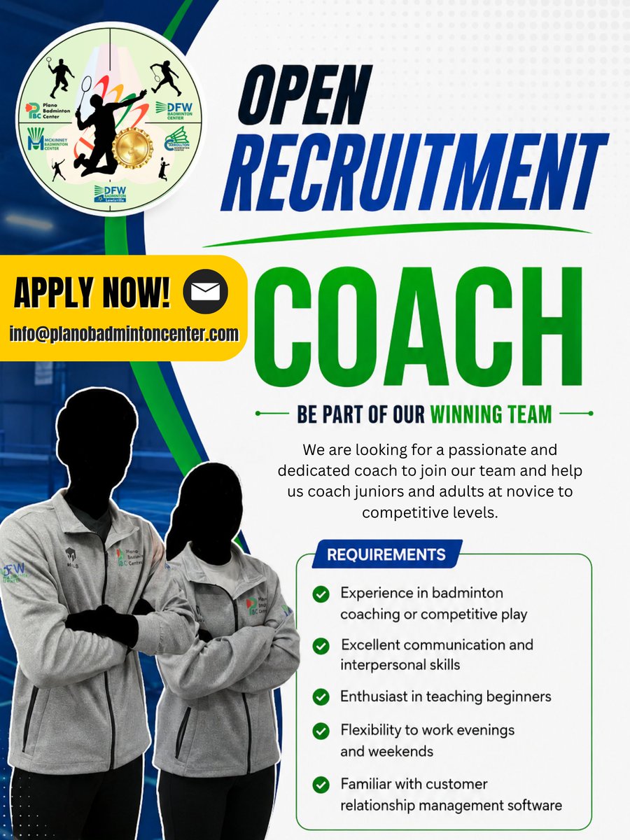 trainingatlbc's tweet photo. We’re Hiring!
Join Our Team as a Badminton Coach 🏸

How to Apply:
Send your resume and a brief intro to info@planobadmintoncenter.com.

Come be part of our winning team! https://t.co/jyOVfDcGSs