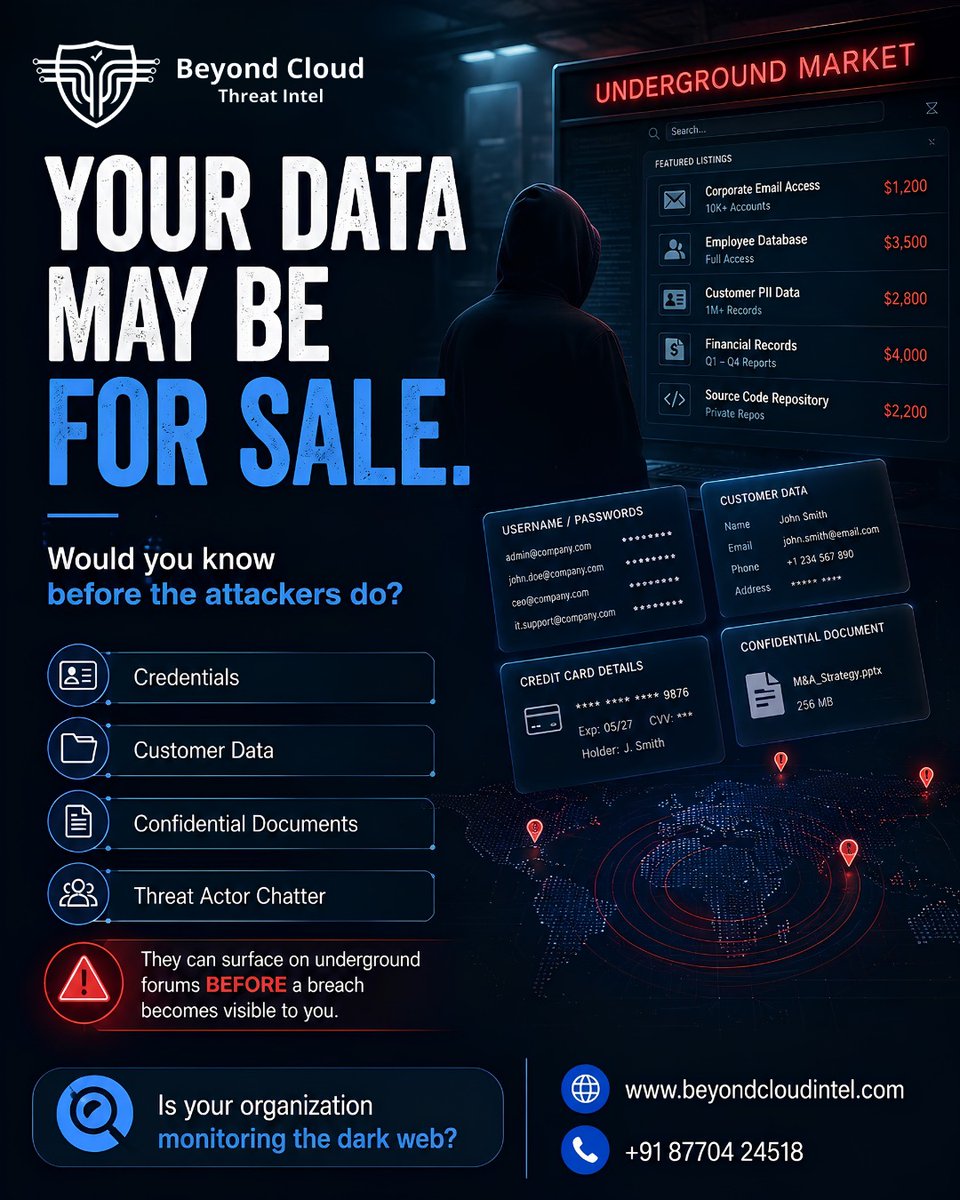 seo_beyondcloud's tweet photo. Your data could already be circulating online without your team knowing.

Stolen credentials and sensitive information can surface on the #DarkWeb.

If your data appeared today, how quickly would you know?

https://t.co/SjCa8VBP2Q

#CyberSecurity #ThreatIntelligence #BeyondCloud https://t.co/na4SxjFOMn