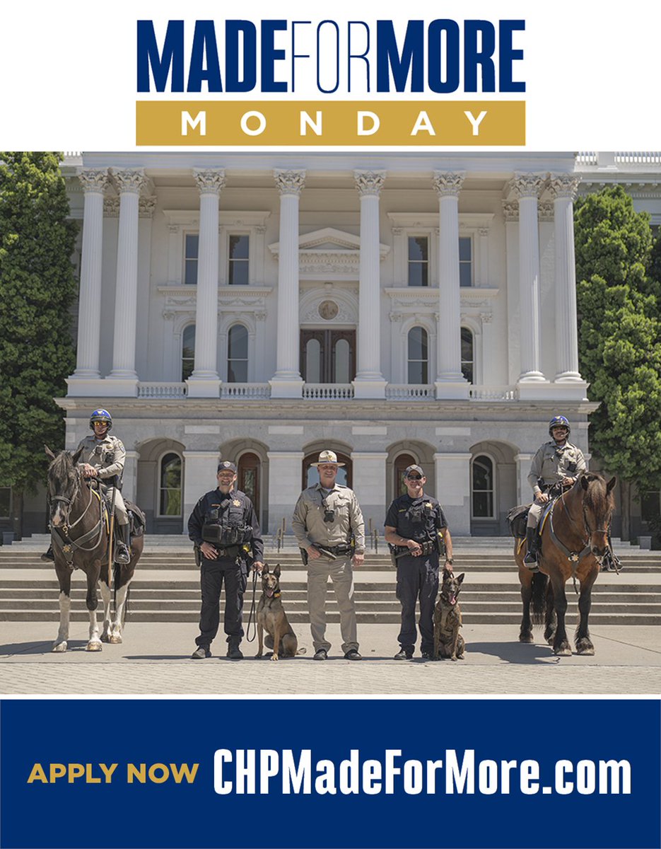 CHP_HQ's tweet photo. If you’re looking for a career where every day matters, there’s more waiting for you at the California Highway Patrol.

Are you Made for More? Apply now: https://t.co/j2XYlMFM7K

#CaliforniaHighwayPatrol #MadeForMore #JoinCHP #CareersThatMatter https://t.co/geS0ceJqsG