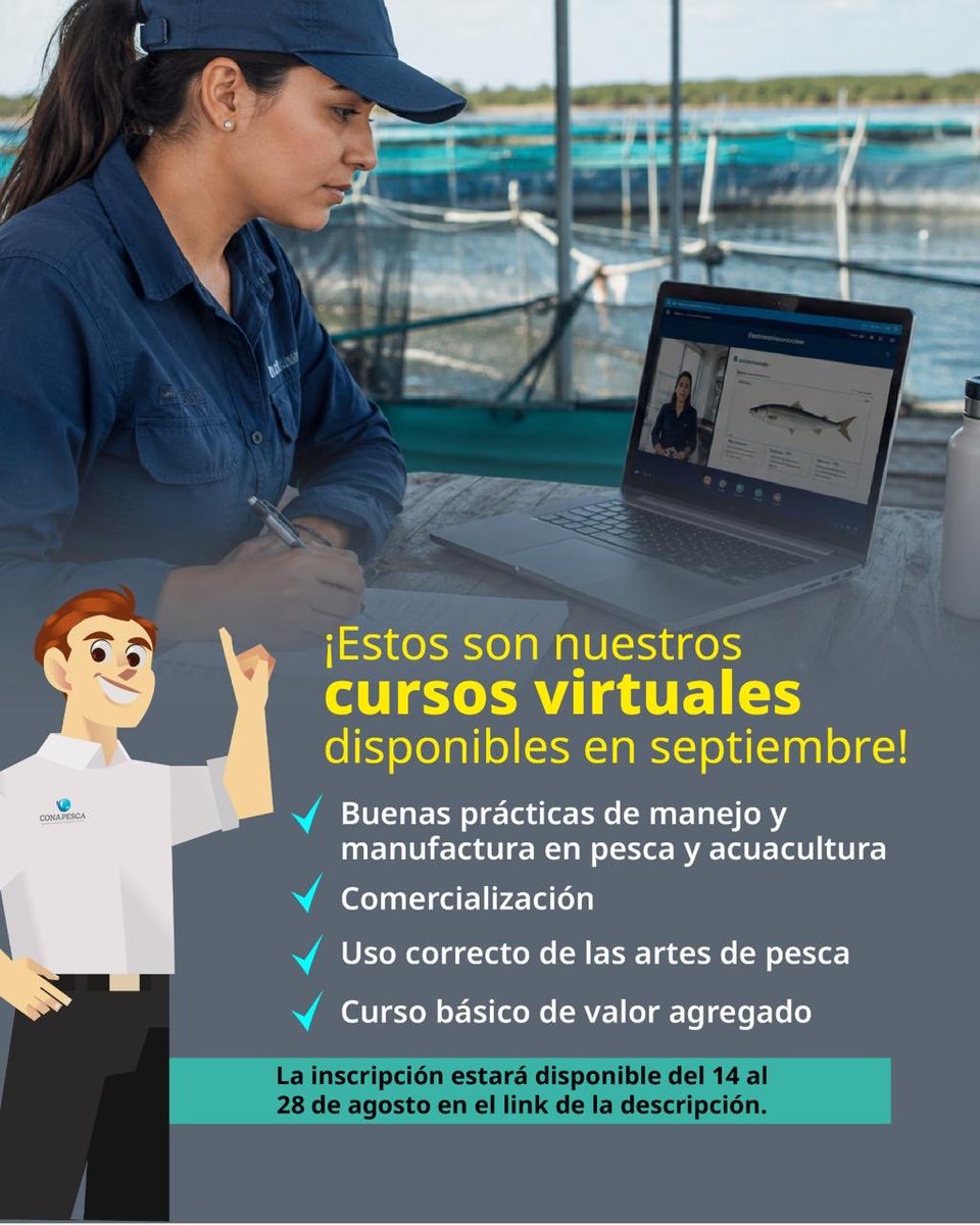 Conapesca's tweet photo. Amigas y amigos pescadores y acuacultores:

En Conapesca les ofrecemos capacitación gratuita y en modalidad virtual. 

📅 Las inscripciones para los cursos de agosto estarán disponibles a partir del 14 al 28 de agosto en el siguiente enlace: 
https://t.co/R7j0kbgMTY https://t.co/KX7eVftaSs
