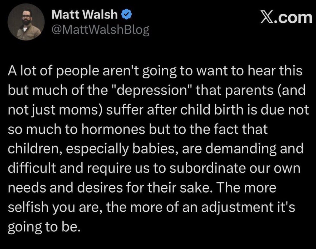 SloanRachmuth's tweet photo. I agreed with “What Is a Woman?” precisely because biological reality matters. 

Men aren’t women and there are experiences unique to the female body that men cannot have.

Which is why it’s pretty rich to watch you go from “men aren’t women” to confidently explaining what women are really experiencing after pregnancy and childbirth.

You’ve never been pregnant. 
You’ve never given birth. 
You’ve never experienced the physical and hormonal aftermath of either. 

You were right: men aren’t women.

That includes you.