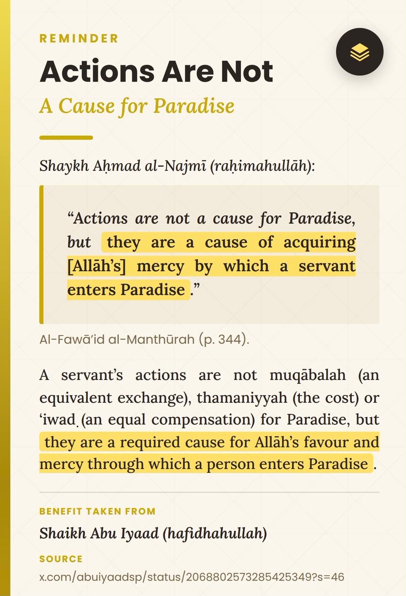 SalafiTanzanian's tweet photo. Actions Are Not A Cause for Paradise

Benefit taken from: Shaykh Abu Iyaad (hafidhahullah) https://t.co/mBHBwEgUFg